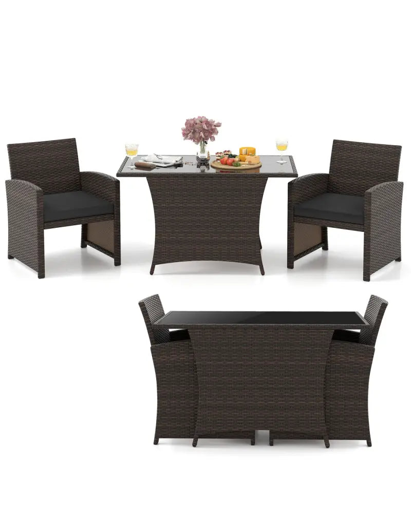 3 Piece Patio Wicker Dining Set with Rectangle Tempered Glass Dining Table-Brown - Brown - Patio Conversation Sets