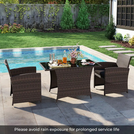 3 Piece Patio Wicker Dining Set with Rectangle Tempered Glass Dining Table-Brown - Brown - Patio Dining Sets