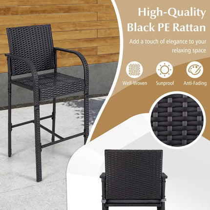 3-Piece Patio Wicker Rattan Bar Height Chairs and Square Table Set-Black - Black - Patio Bar Furniture
