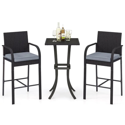 3-Piece Patio Wicker Rattan Bar Height Chairs and Square Table Set-Black - Black - Patio Bar Furniture