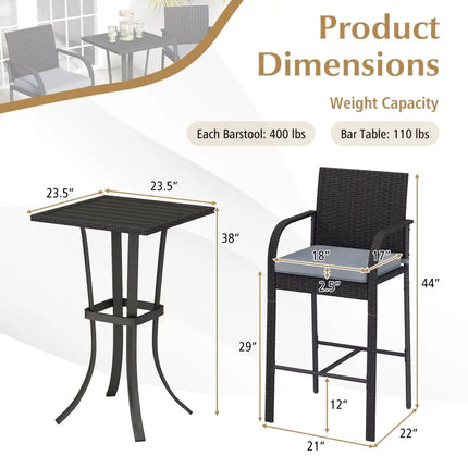3-Piece Patio Wicker Rattan Bar Height Chairs and Square Table Set-Black - Black - Patio Bar Furniture