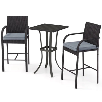 3-Piece Patio Wicker Rattan Bar Height Chairs and Square Table Set-Black - Black - Patio Bar Furniture