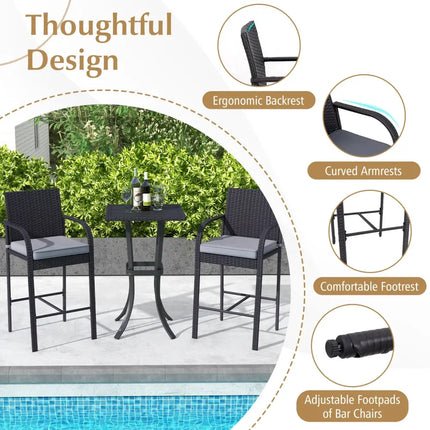3-Piece Patio Wicker Rattan Bar Height Chairs and Square Table Set-Black - Black - Patio Bar Furniture