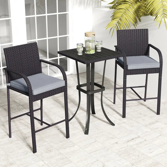 3-Piece Patio Wicker Rattan Bar Height Chairs and Square Table Set-Black - Black - Patio Bar Furniture