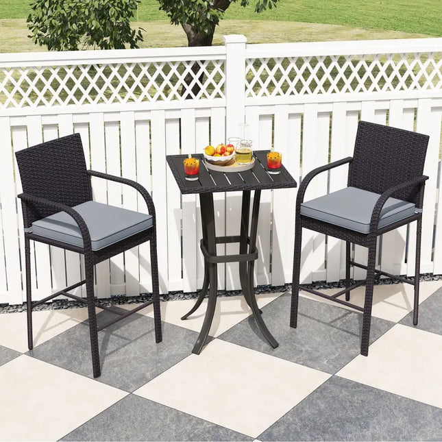 3-Piece Patio Wicker Rattan Bar Height Chairs and Square Table Set-Black - Black - Patio Bar Furniture