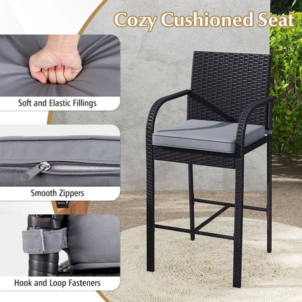 3-Piece Patio Wicker Rattan Bar Height Chairs and Square Table Set-Black - Black - Patio Bar Furniture
