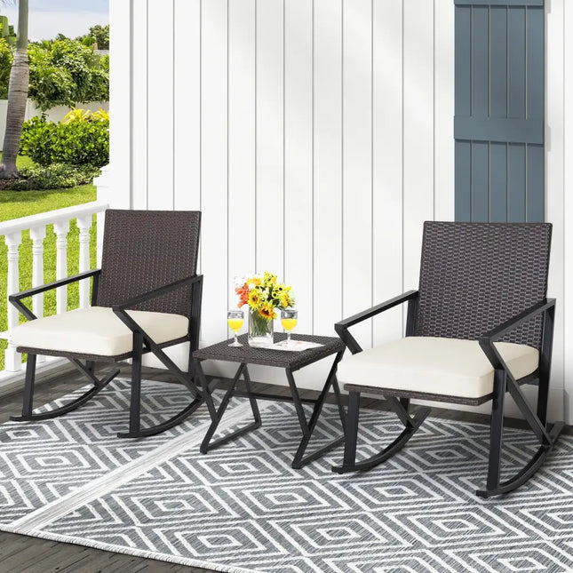 3 Piece Patio Wicker Rocking Chairs Set with Heavy-Duty Metal Frame - Brown - Patio Conversation Sets