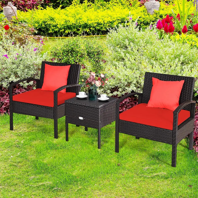 3 Piece PE Rattan Wicker Sofa Set with Washable and Removable Cushion for Patio-Red - Red - Patio Conversation Sets