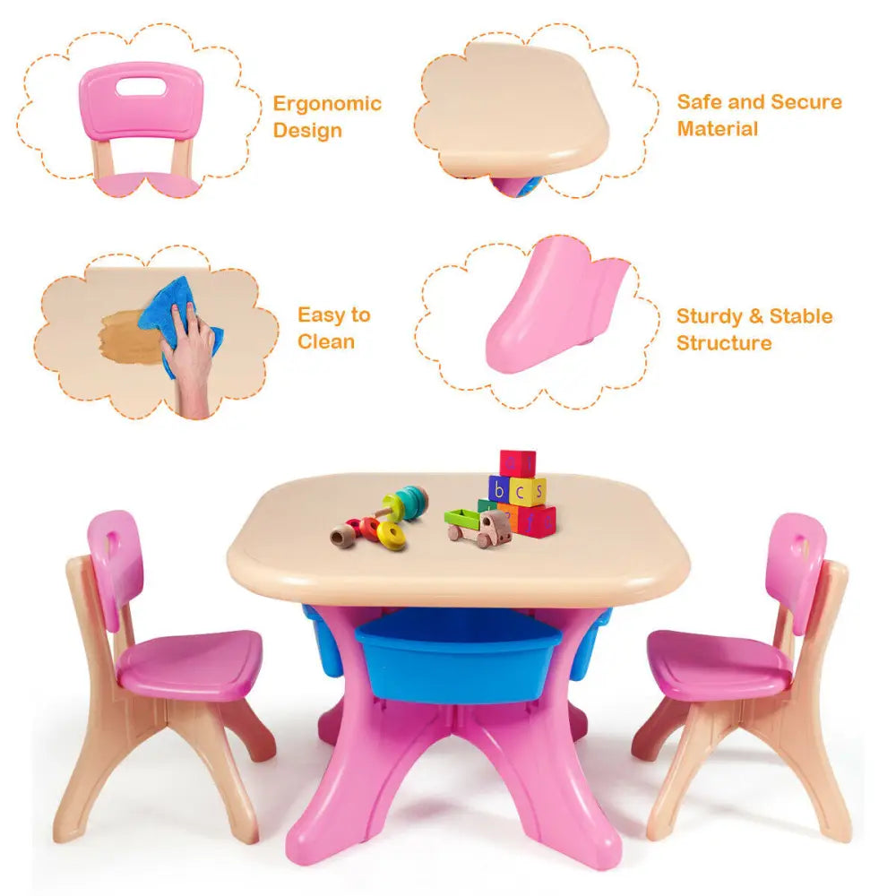 3-Piece Plastic Children Play Table & Chair Set-Pink - Multicolor - Kids Table & Chair Sets