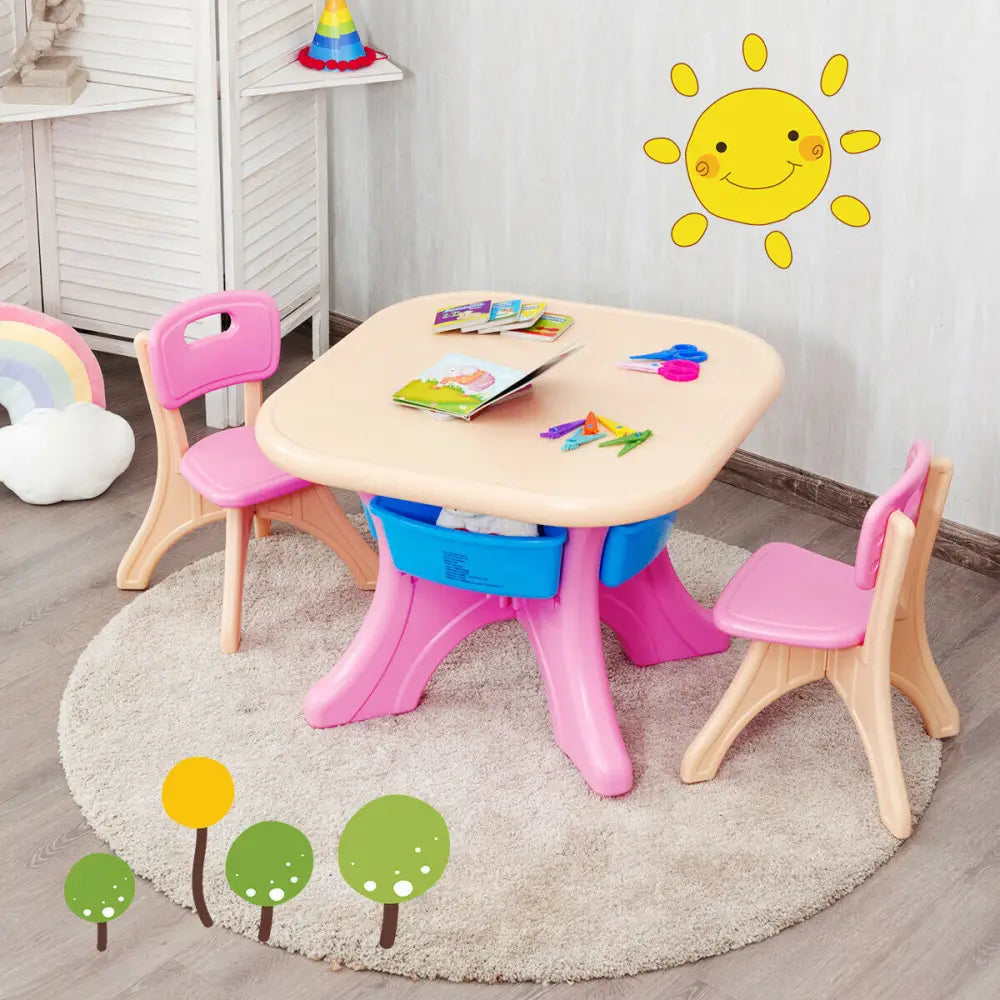 3-Piece Plastic Children Play Table & Chair Set-Pink - Multicolor - Kids Table & Chair Sets
