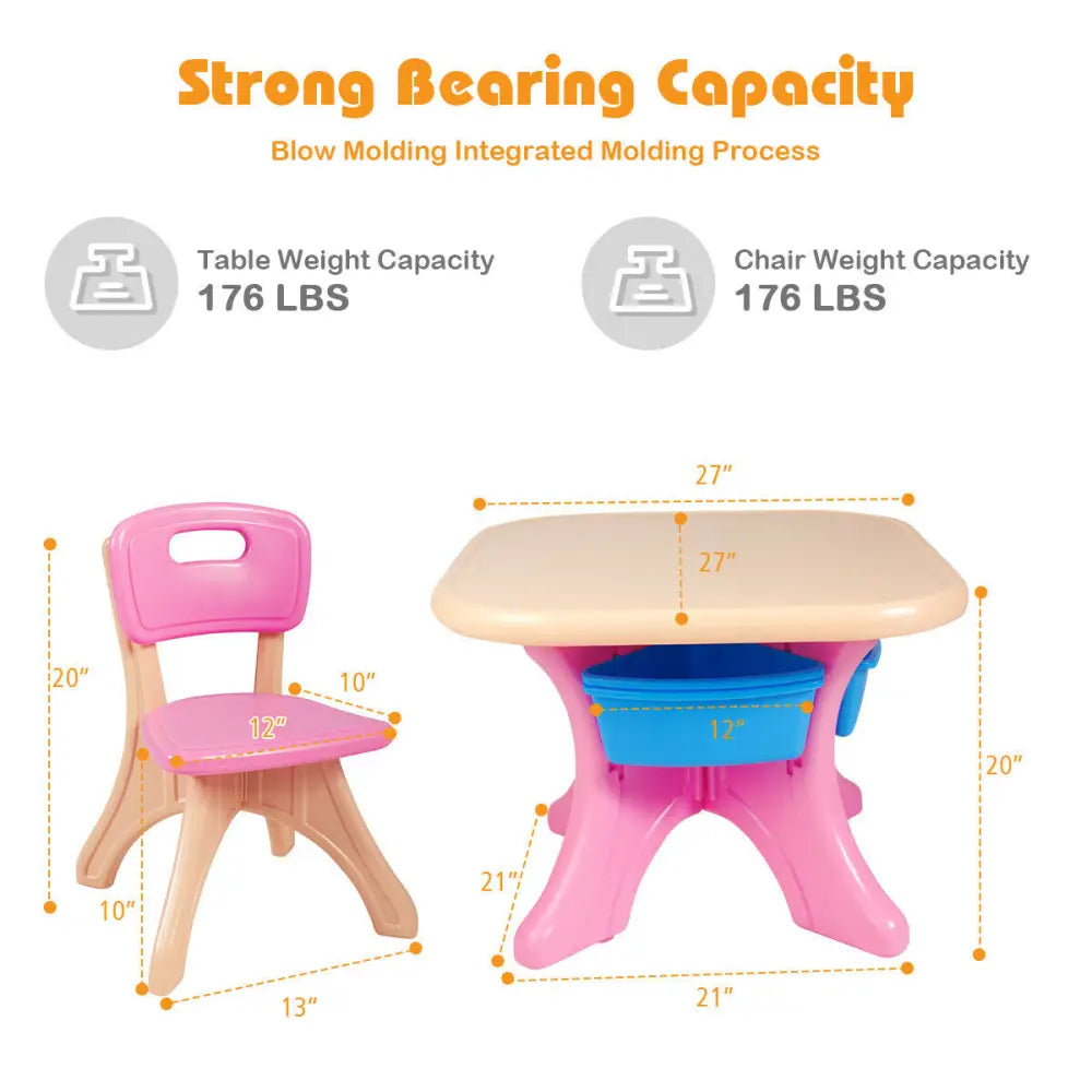 3-Piece Plastic Children Play Table & Chair Set-Pink - Multicolor - Kids Table & Chair Sets