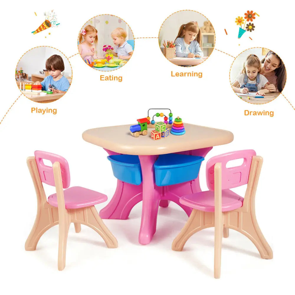 3-Piece Plastic Children Play Table & Chair Set-Pink - Multicolor - Kids Table & Chair Sets