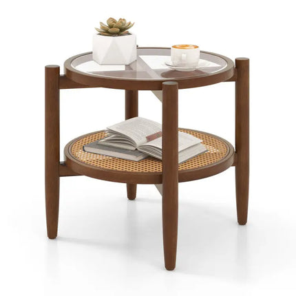 3 Piece Rattan and Wood Living Room Set with Side Table Coffee Table and TV Stand Costway