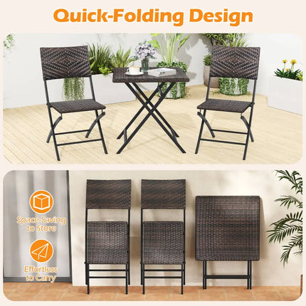 3 Piece Rattan Bistro Set Outdoor Folding Dining Table and Chairs with Wicker Seat - Patio Conversation Sets