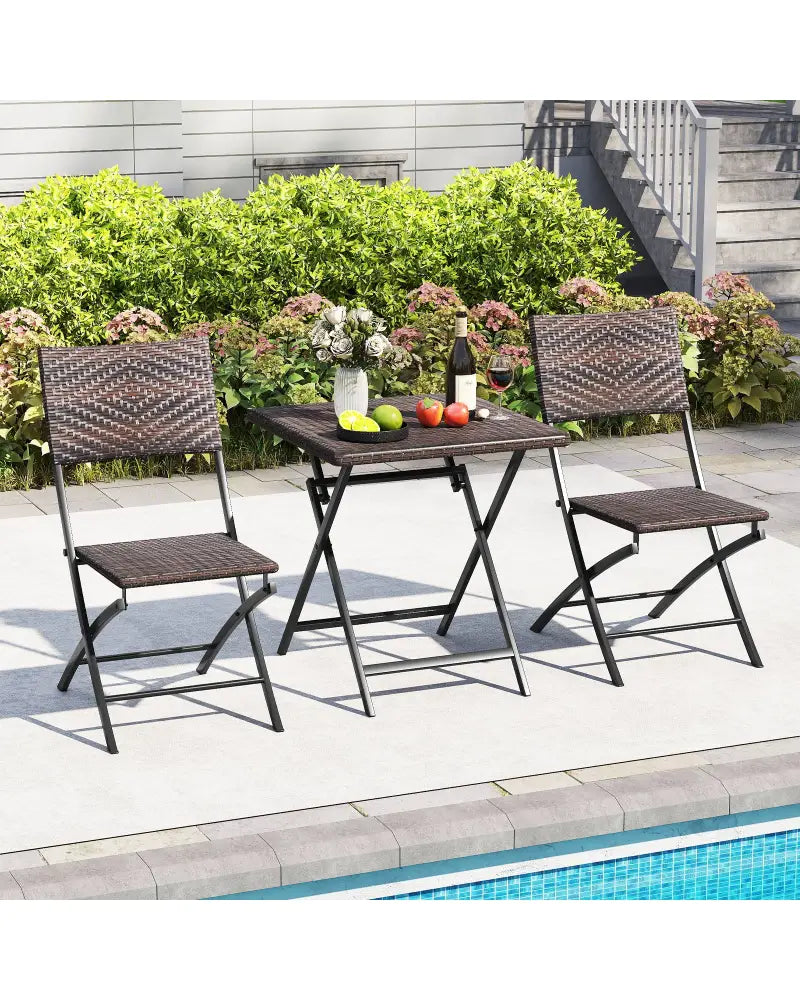 3 Piece Rattan Bistro Set Outdoor Folding Dining Table and Chairs with Wicker Seat - Patio Conversation Sets