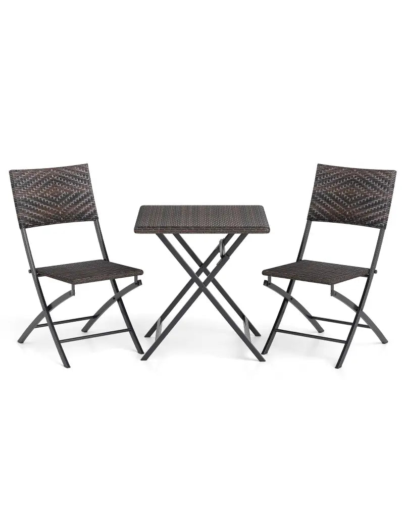 3 Piece Rattan Bistro Set Outdoor Folding Dining Table and Chairs with Wicker Seat - Patio Conversation Sets