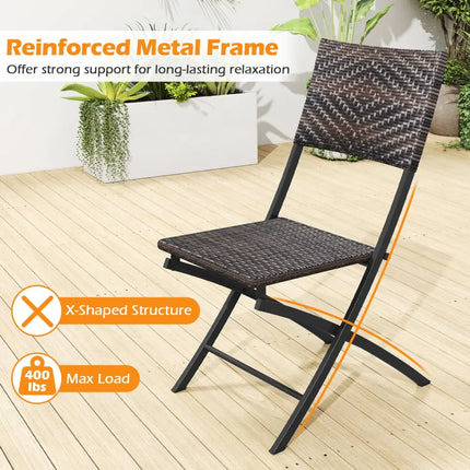 3 Piece Rattan Bistro Set Outdoor Folding Dining Table and Chairs with Wicker Seat - Patio Conversation Sets
