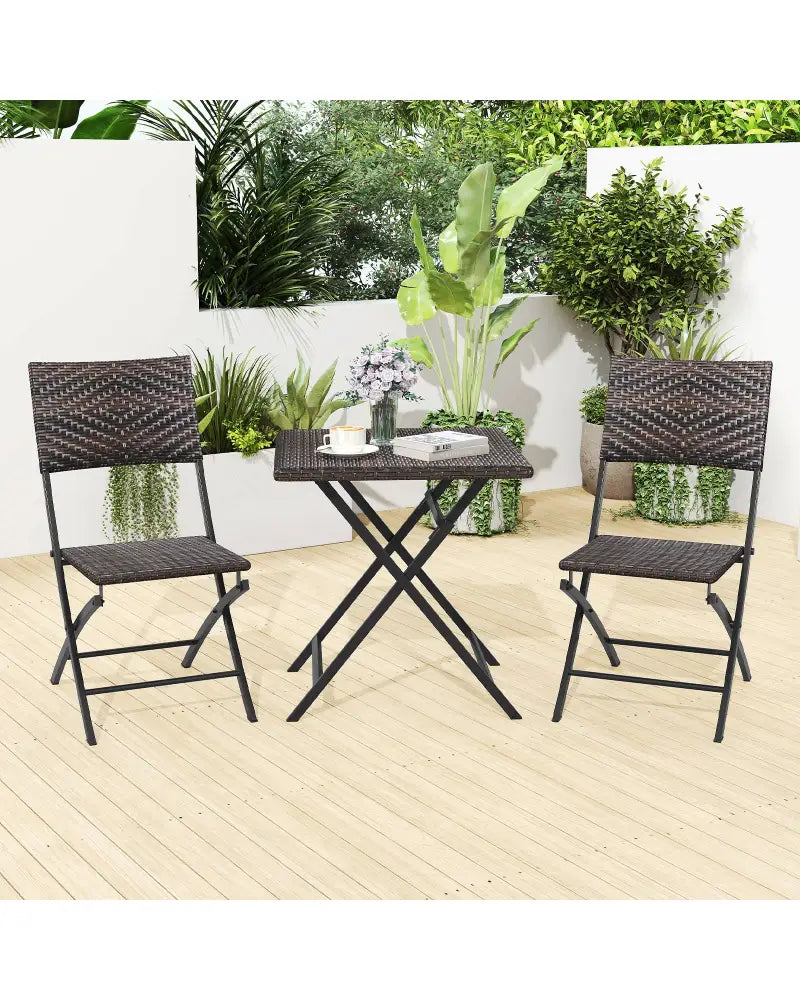 3 Piece Rattan Bistro Set Outdoor Folding Dining Table and Chairs with Wicker Seat - Patio Conversation Sets
