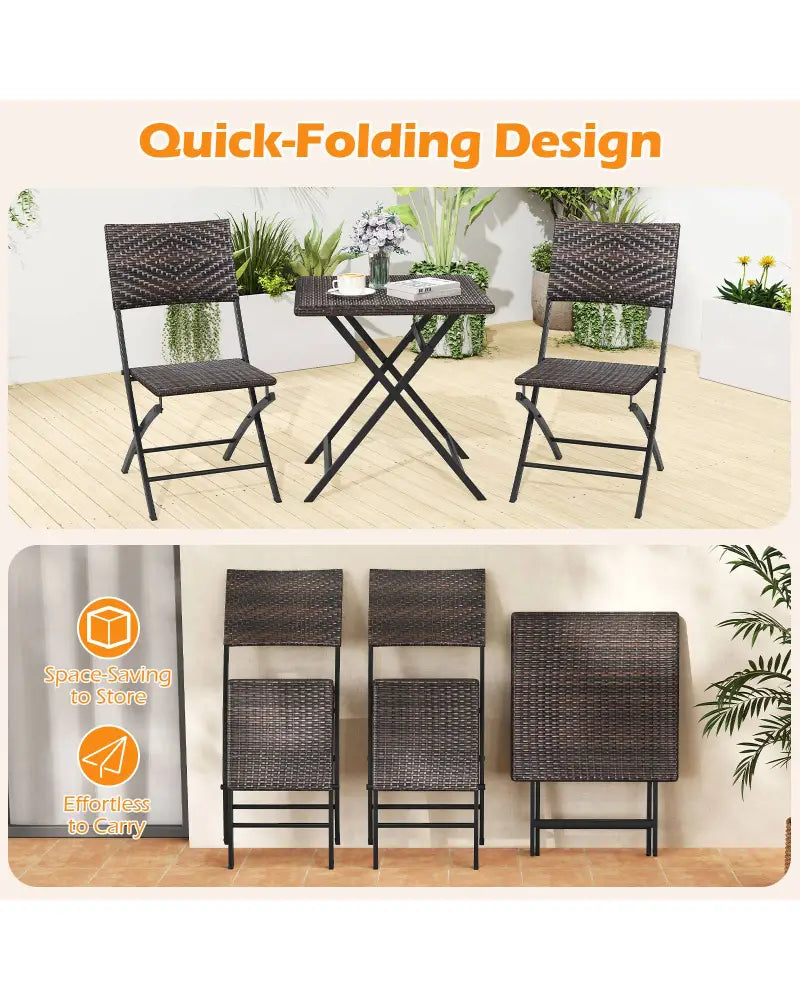 3 Piece Rattan Bistro Set Outdoor Folding Dining Table and Chairs with Wicker Seat - Patio Conversation Sets