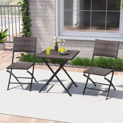 3 Piece Rattan Bistro Set Outdoor Folding Dining Table and Chairs with Wicker Seat - Patio Conversation Sets