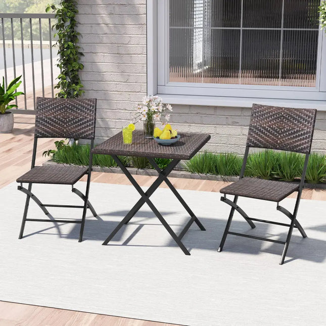 3 Piece Rattan Bistro Set Outdoor Folding Dining Table and Chairs with Wicker Seat - Patio Conversation Sets