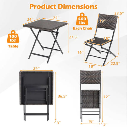 3 Piece Rattan Bistro Set Outdoor Folding Dining Table and Chairs with Wicker Seat - Patio Conversation Sets