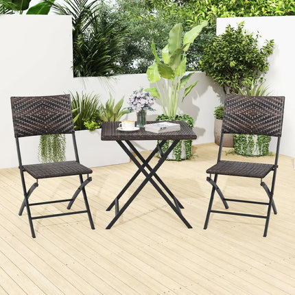 3 Piece Rattan Bistro Set Outdoor Folding Dining Table and Chairs with Wicker Seat - Patio Conversation Sets