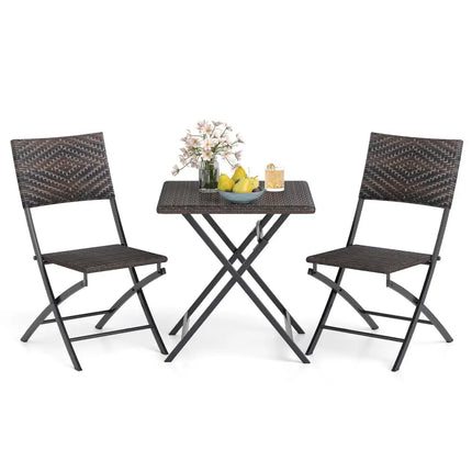 3 Piece Rattan Bistro Set Outdoor Folding Dining Table and Chairs with Wicker Seat - Patio Conversation Sets