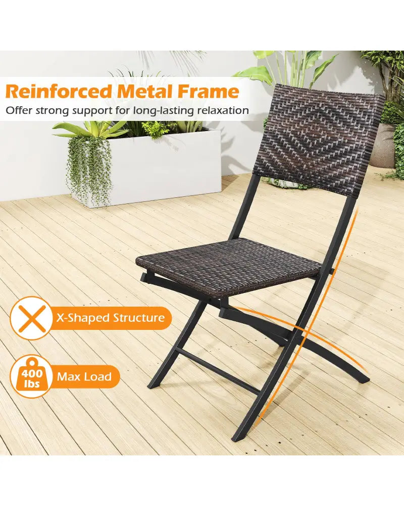 3 Piece Rattan Bistro Set Outdoor Folding Dining Table and Chairs with Wicker Seat - Patio Conversation Sets