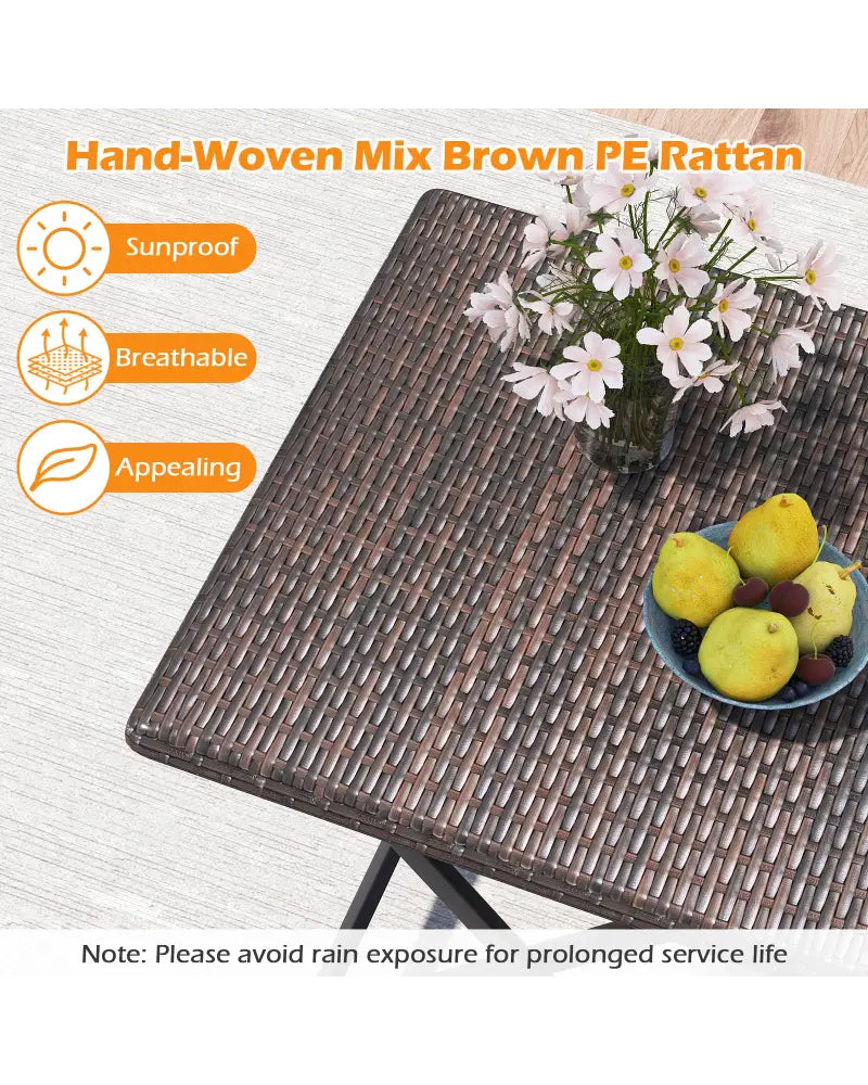 3 Piece Rattan Bistro Set Outdoor Folding Dining Table and Chairs with Wicker Seat - Patio Conversation Sets