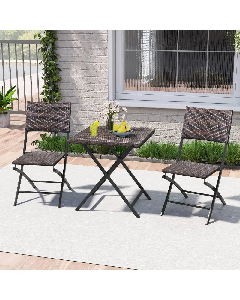 3 Piece Rattan Bistro Set Outdoor Folding Dining Table and Chairs with Wicker Seat - Patio Conversation Sets