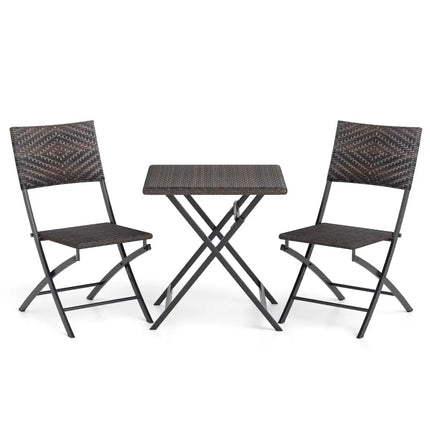 3 Piece Rattan Bistro Set Outdoor Folding Dining Table and Chairs with Wicker Seat - Patio Conversation Sets