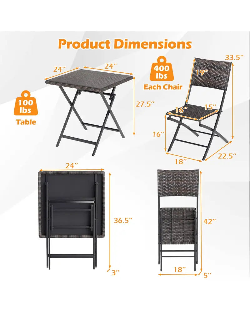 3 Piece Rattan Bistro Set Outdoor Folding Dining Table and Chairs with Wicker Seat - Patio Conversation Sets