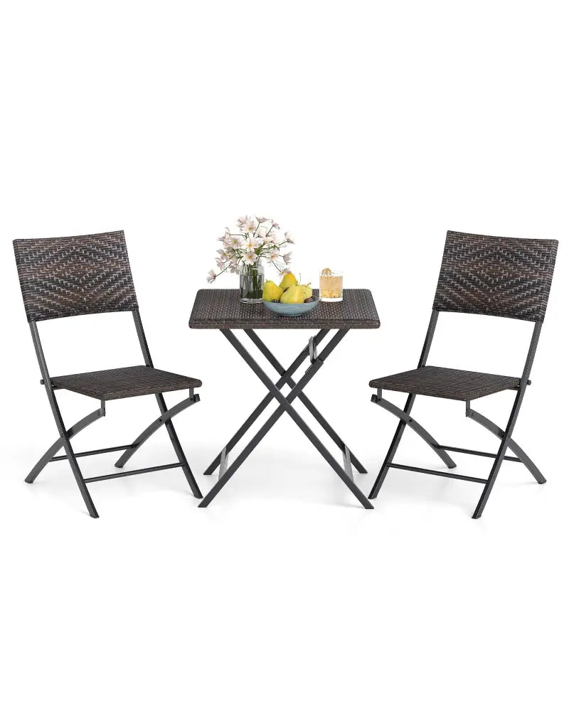 3 Piece Rattan Bistro Set Outdoor Folding Dining Table and Chairs with Wicker Seat - Patio Conversation Sets