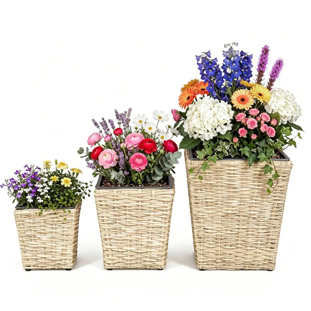 3-Piece Rattan Planter Box Kit with Removable Plastic Liners - Natural - Natural - Raised Garden Beds