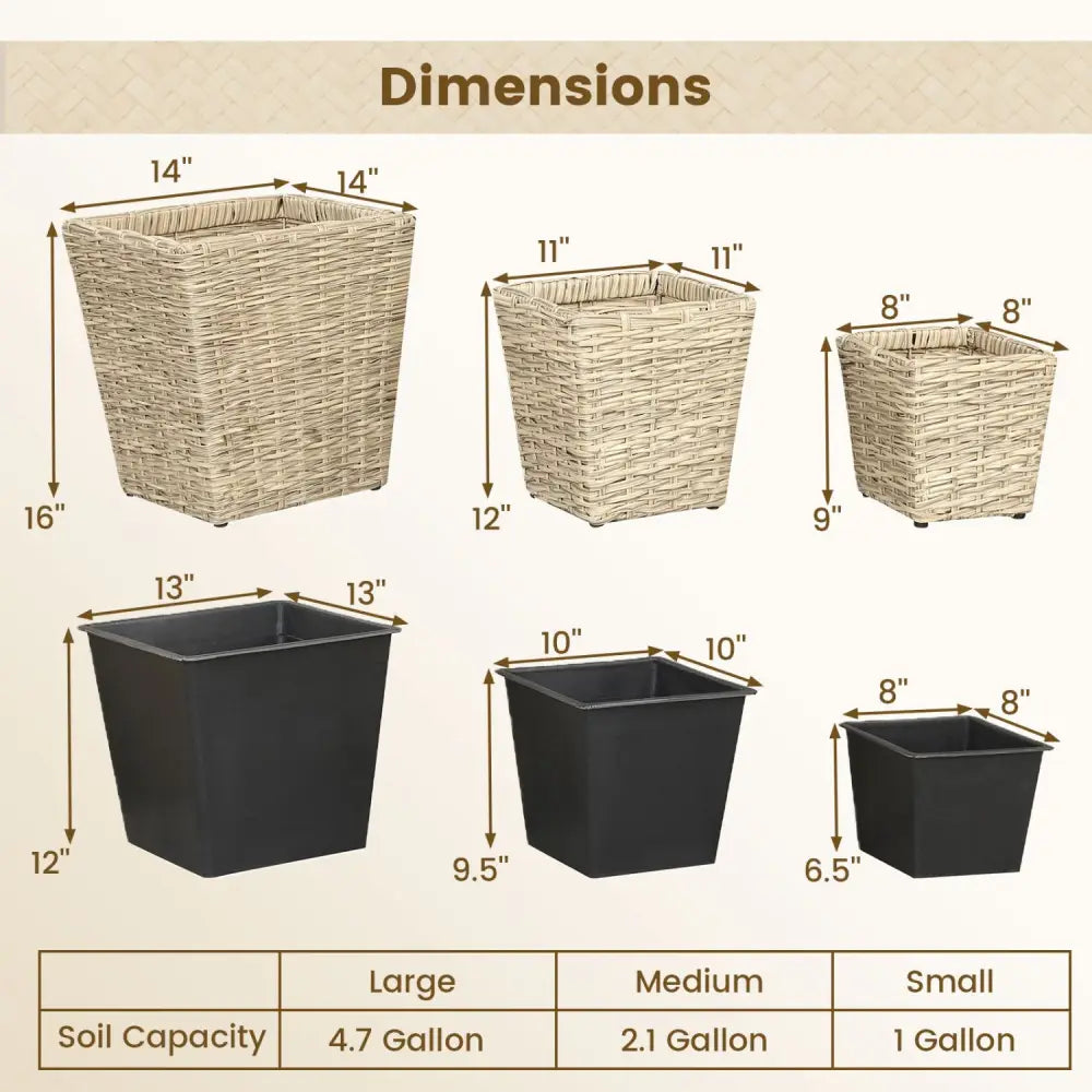 3-Piece Rattan Planter Box Kit with Removable Plastic Liners - Natural - Natural - Raised Garden Beds