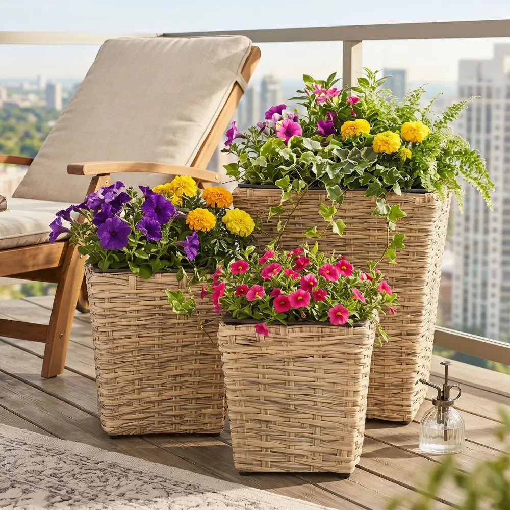 3-Piece Rattan Planter Box Kit with Removable Plastic Liners - Natural - Natural - Raised Garden Beds