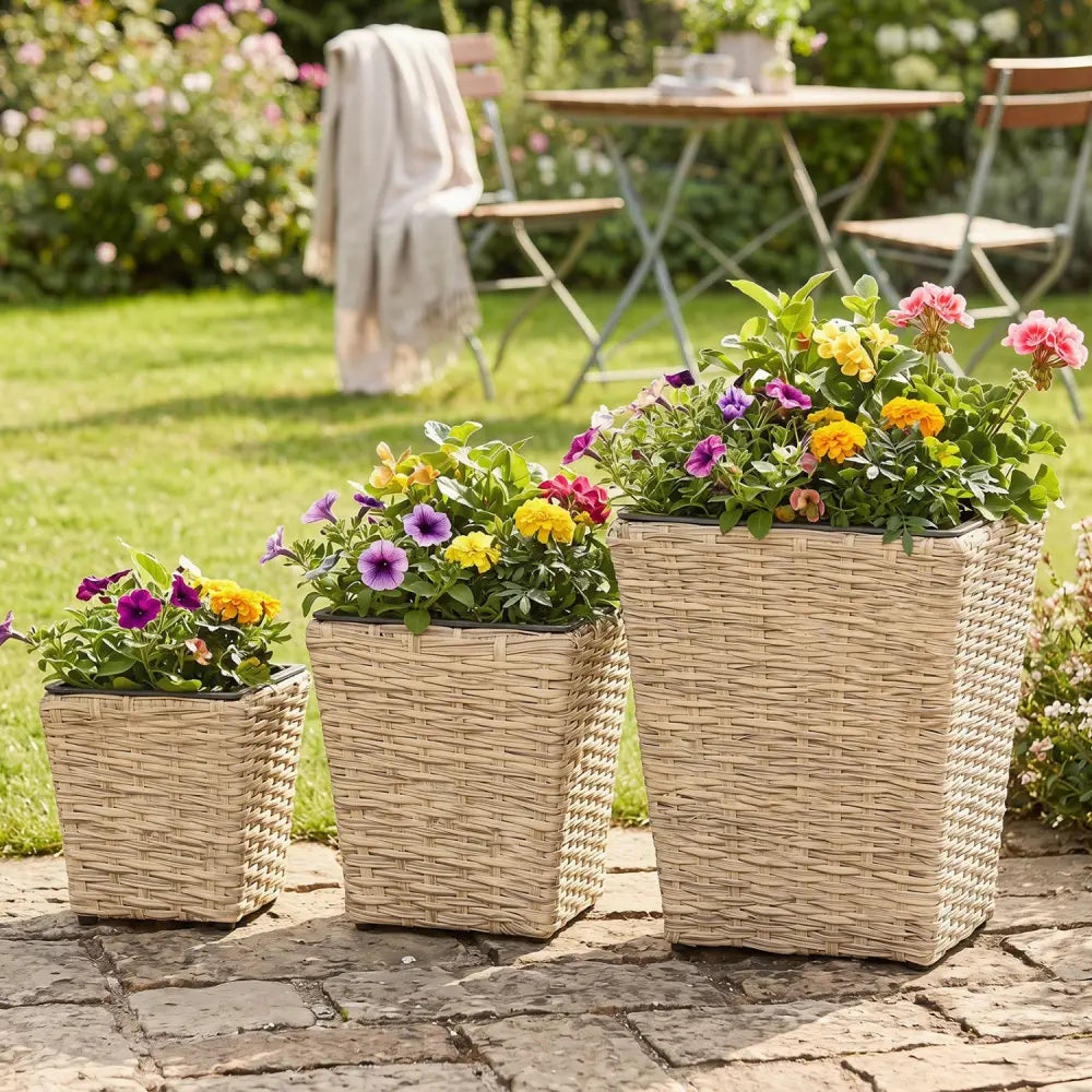 3-Piece Rattan Planter Box Kit with Removable Plastic Liners - Natural - Natural - Raised Garden Beds