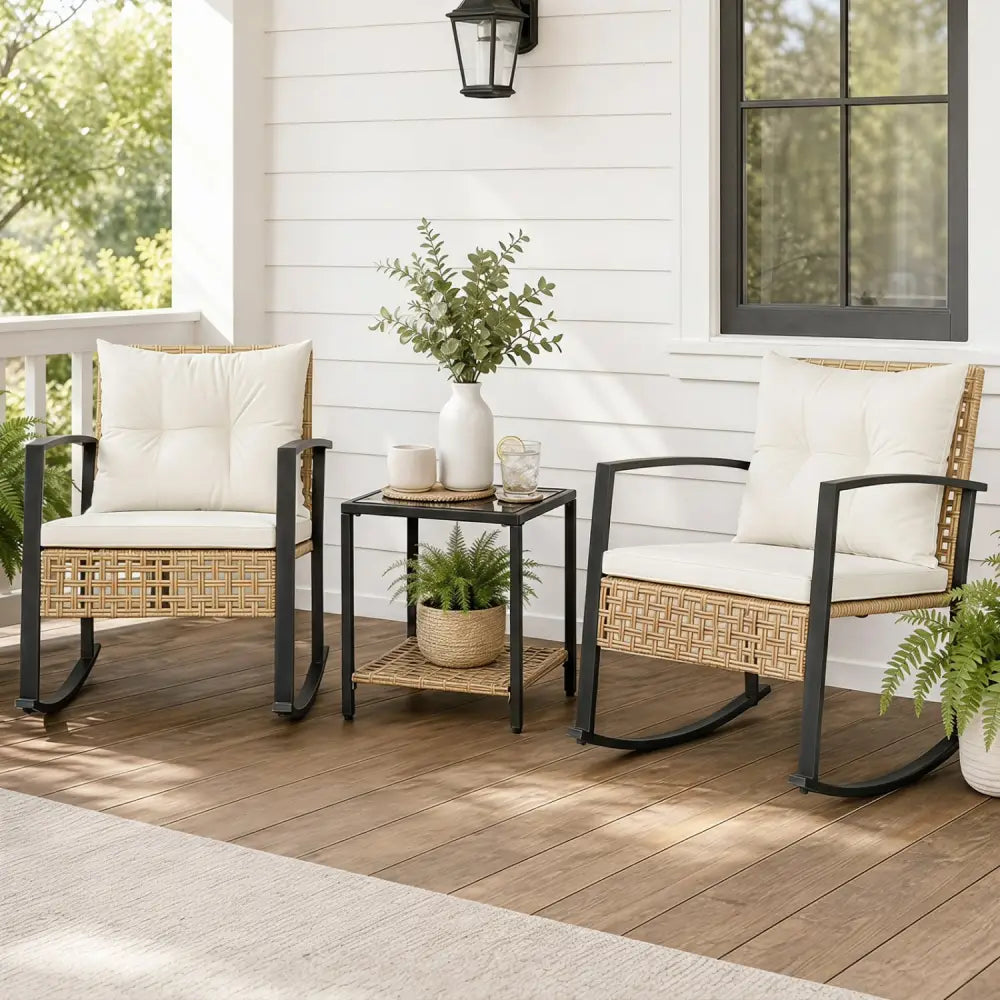 3-Piece Rattan Wicker Patio Conversation Set for Porch Balcony Garden Backyard-White - White - Patio Conversation Sets