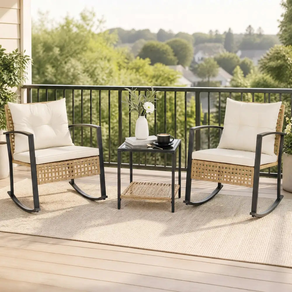 3-Piece Rattan Wicker Patio Conversation Set for Porch Balcony Garden Backyard-White - White - Patio Conversation Sets