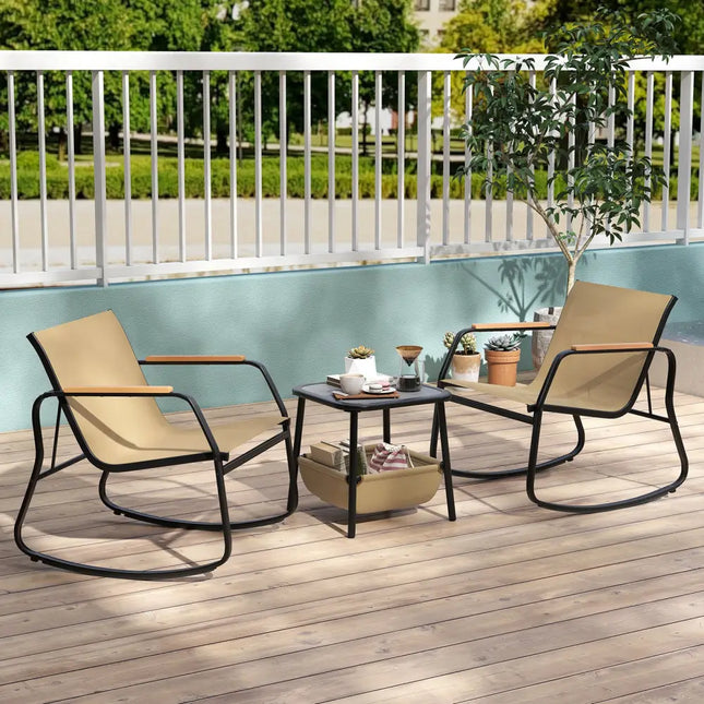 3 Piece Rocking Bistro Chairs and Side Table Set with Storage Bag-Brown - Brown - Patio Furniture Sets