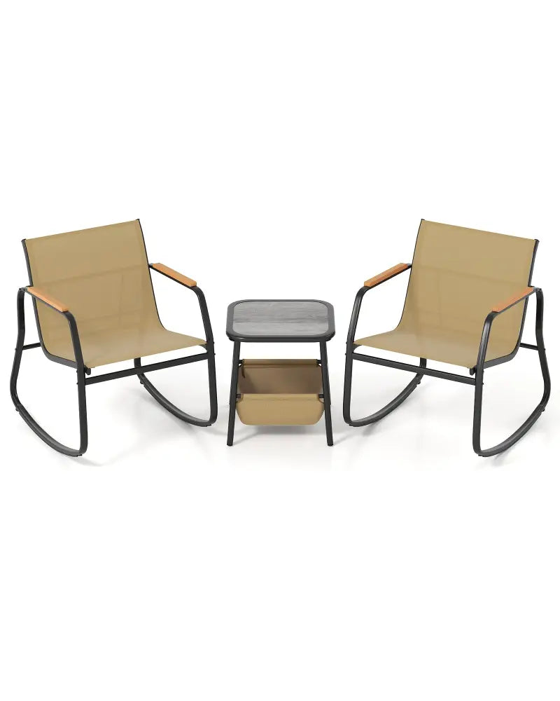 3 Piece Rocking Bistro Chairs and Side Table Set with Storage Bag-Brown - Brown - Patio Furniture Sets