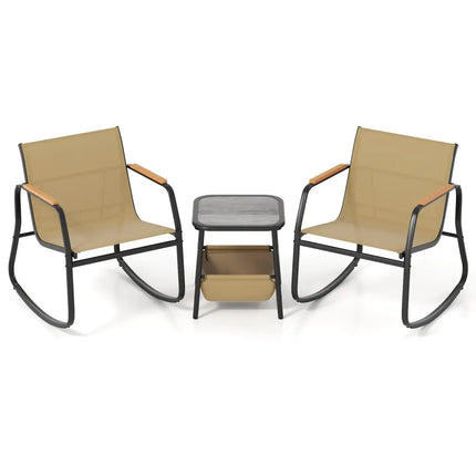 3 Piece Rocking Bistro Chairs and Side Table Set with Storage Bag-Brown - Brown - Patio Furniture Sets
