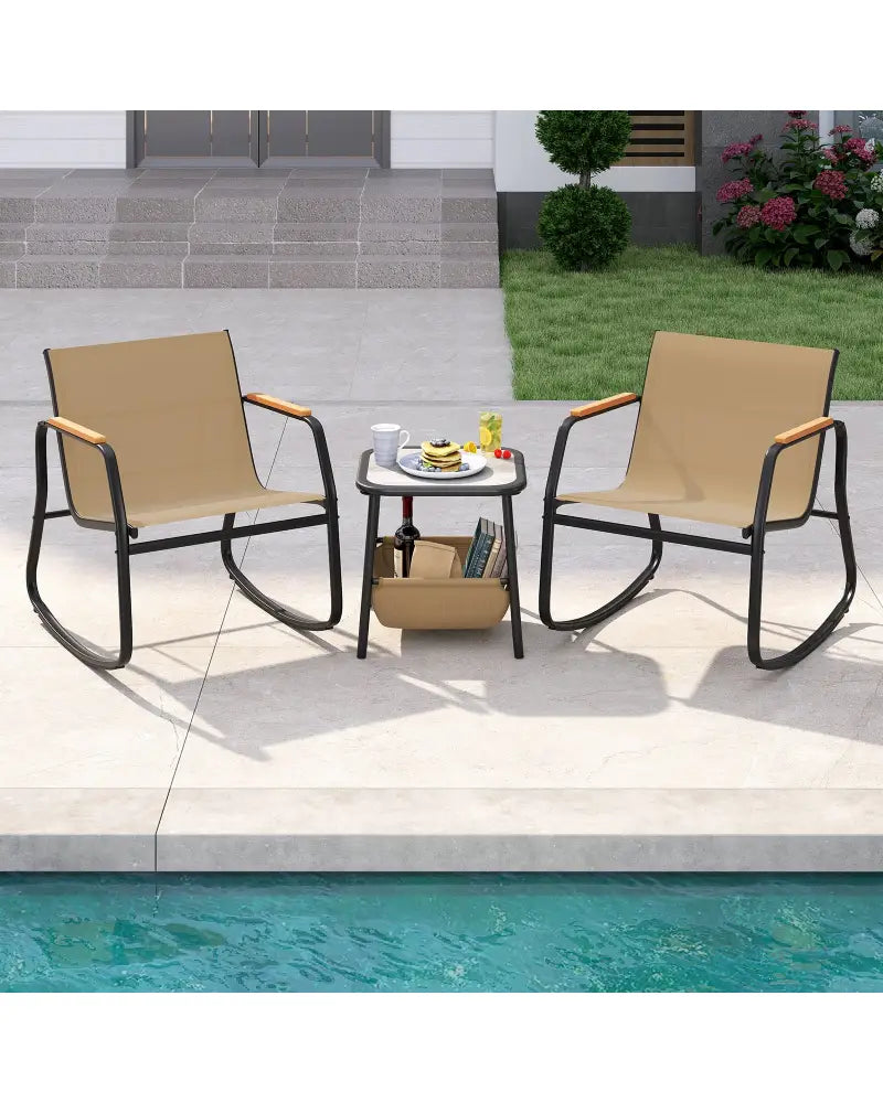 3 Piece Rocking Bistro Chairs and Side Table Set with Storage Bag-Brown - Brown - Patio Furniture Sets