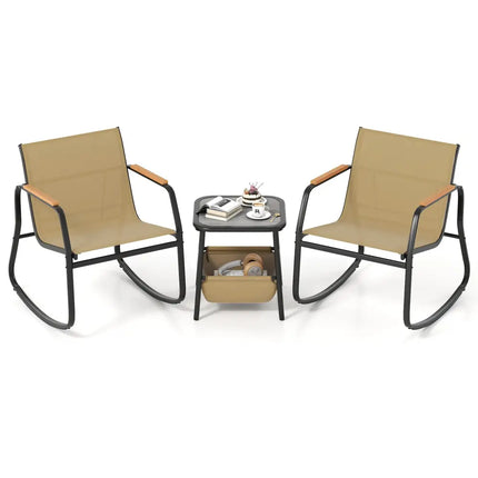 3 Piece Rocking Bistro Chairs and Side Table Set with Storage Bag-Brown - Brown - Patio Furniture Sets
