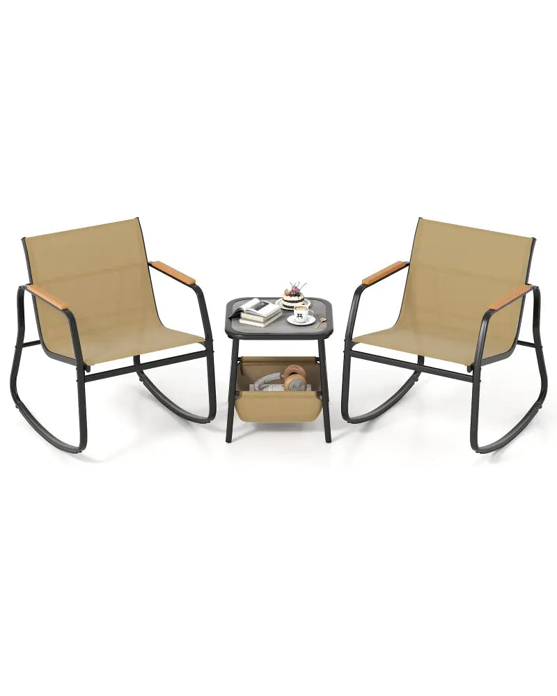 3 Piece Rocking Bistro Chairs and Side Table Set with Storage Bag-Brown - Brown - Patio Furniture Sets