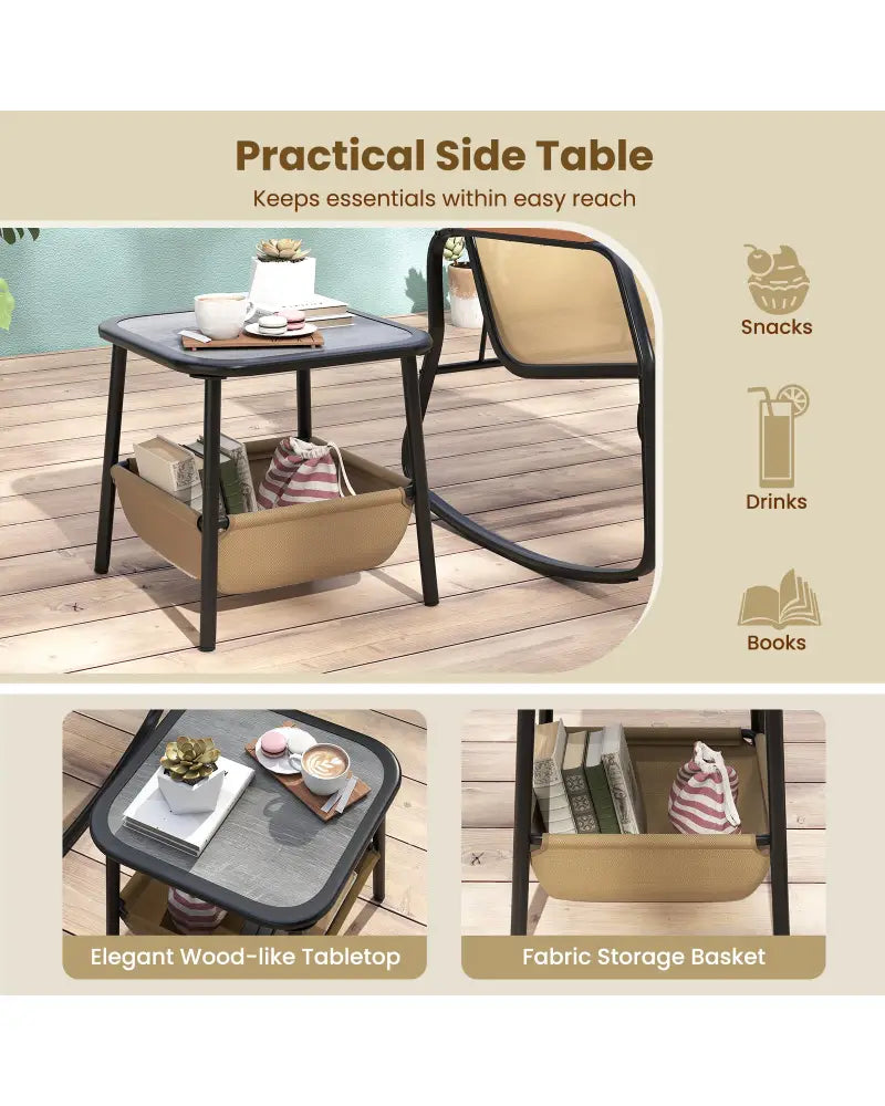 3 Piece Rocking Bistro Chairs and Side Table Set with Storage Bag-Brown - Brown - Patio Furniture Sets