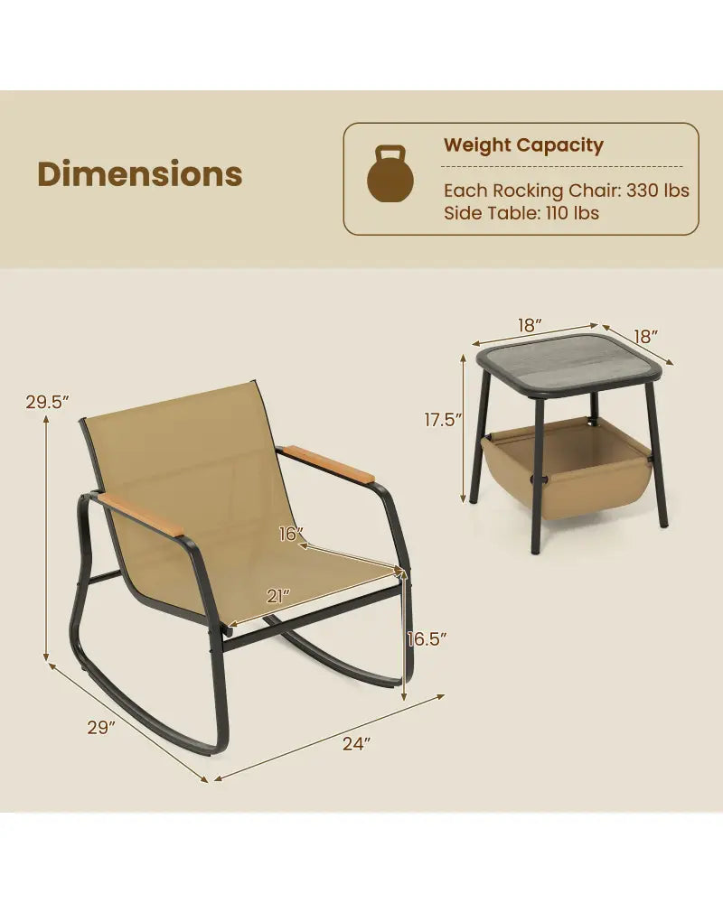 3 Piece Rocking Bistro Chairs and Side Table Set with Storage Bag-Brown - Brown - Patio Furniture Sets