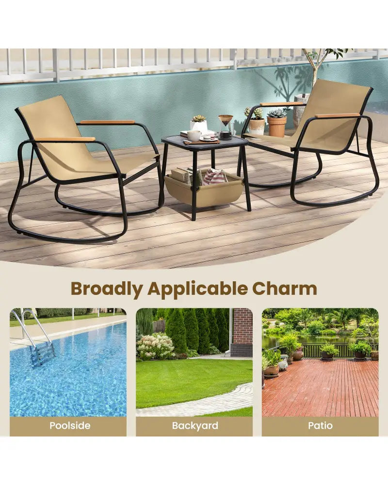 3 Piece Rocking Bistro Chairs and Side Table Set with Storage Bag-Brown - Brown - Patio Furniture Sets