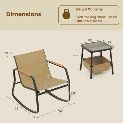 3 Piece Rocking Bistro Chairs and Side Table Set with Storage Bag-Brown - Brown - Patio Furniture Sets